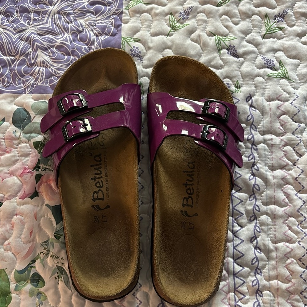 Betula by Birkenstock Double Buckle Slide Sandals Patent Purple Womens 7 Slides